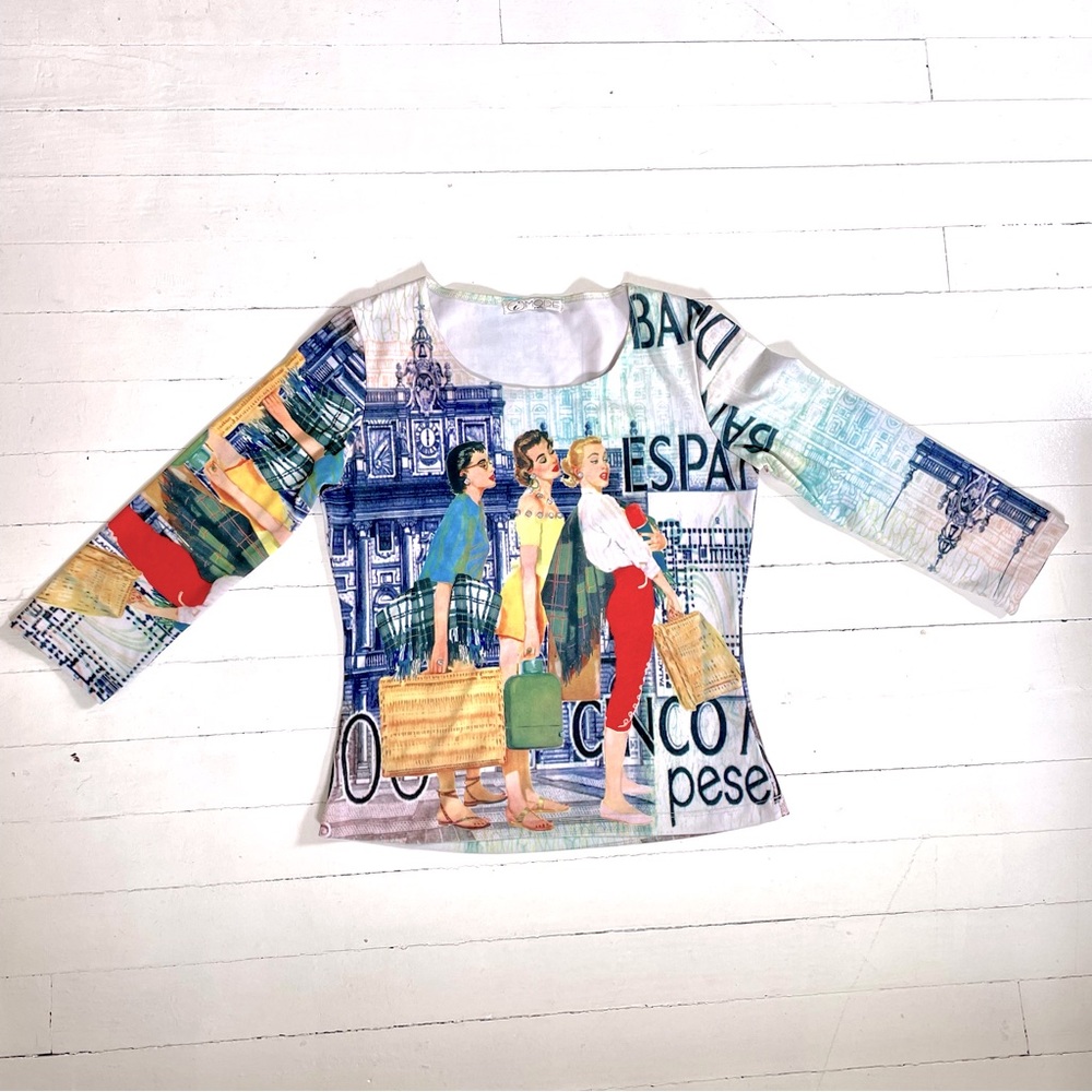 Vintage painting photo shirt top women jewels xs small